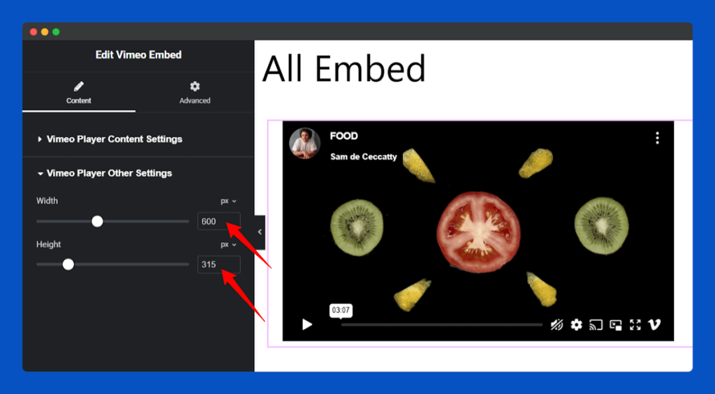 All Embed Addons for Elementor- Vimeo Change Width and Height