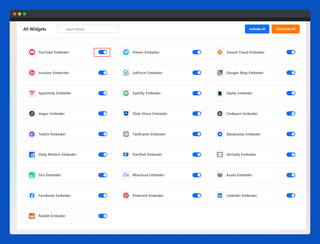 All Embed Addons for Elementor- Widgets Enable Disable