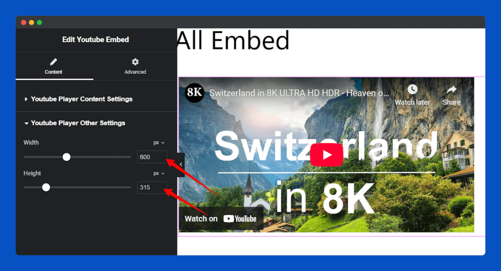 All Embed Addons for Elementor- YouTube Change Width and Height