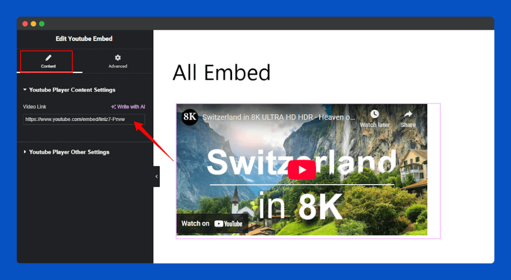 All Embed Addons for Elementor- YouTube Insert URL